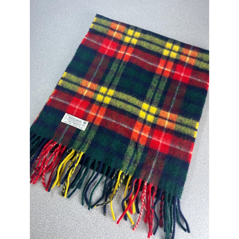 John Hanly Ireland Lambswool Plaid Tartan Scarf 12" x 58" Vintage winter